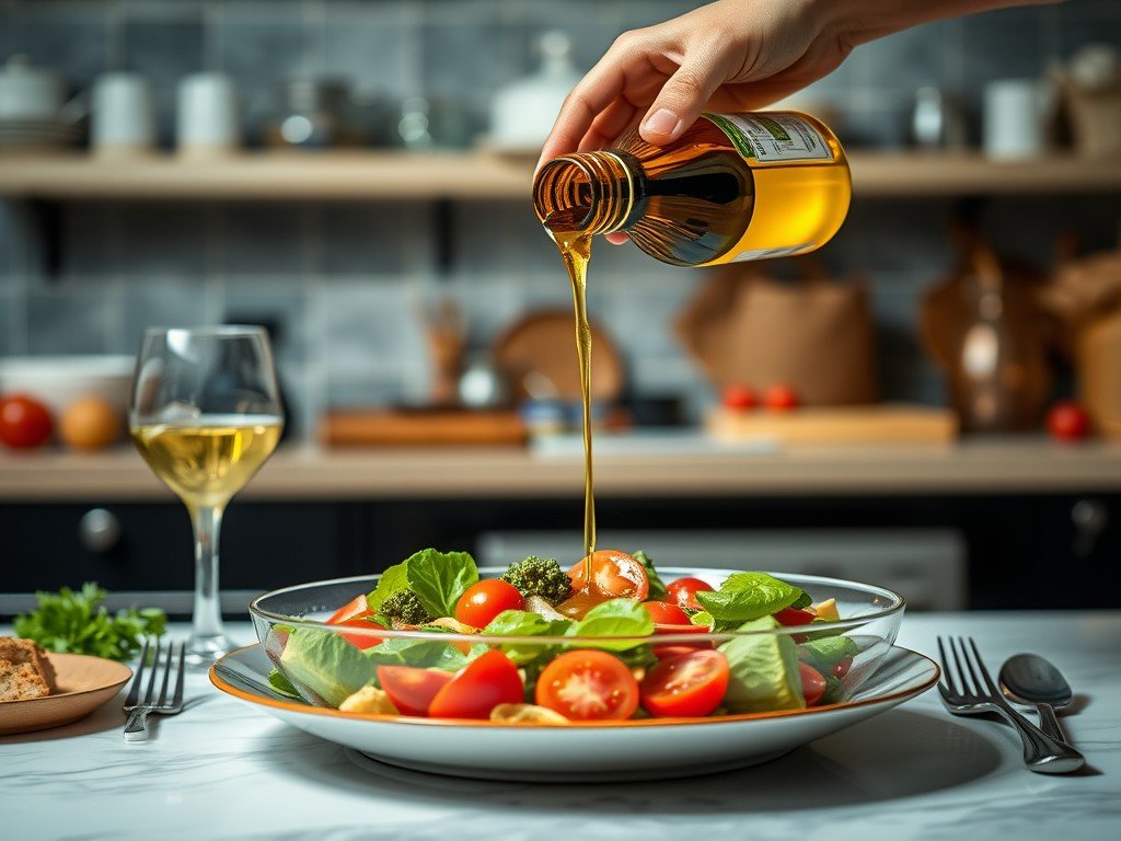 Azeite extra virgem sendo usado em uma salada fresca e saudável.