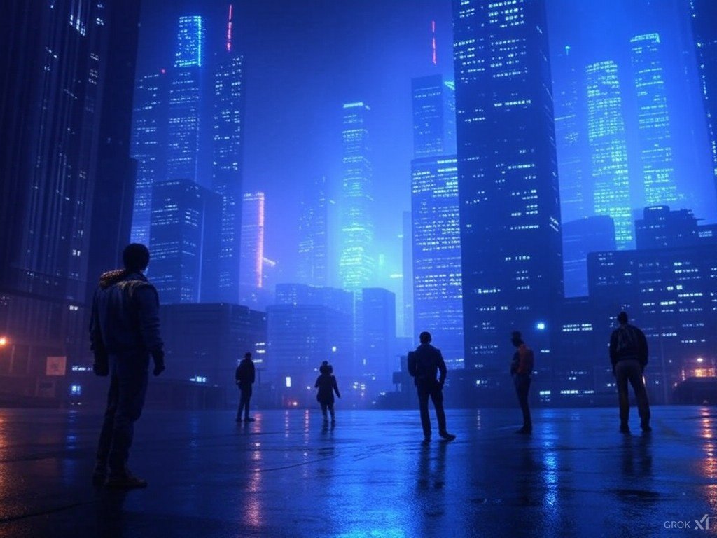 Ilustração de uma cidade futurista iluminada por luzes neon, capturando o estilo cyberpunk.
