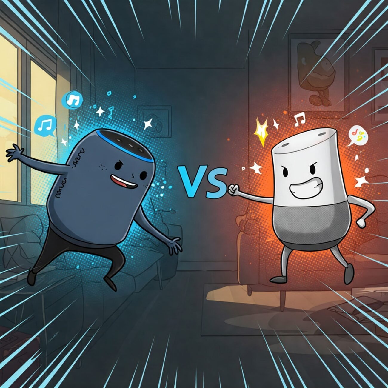 Comparativo entre Alexa e Google Home, destacando suas principais características e funcionalidades.