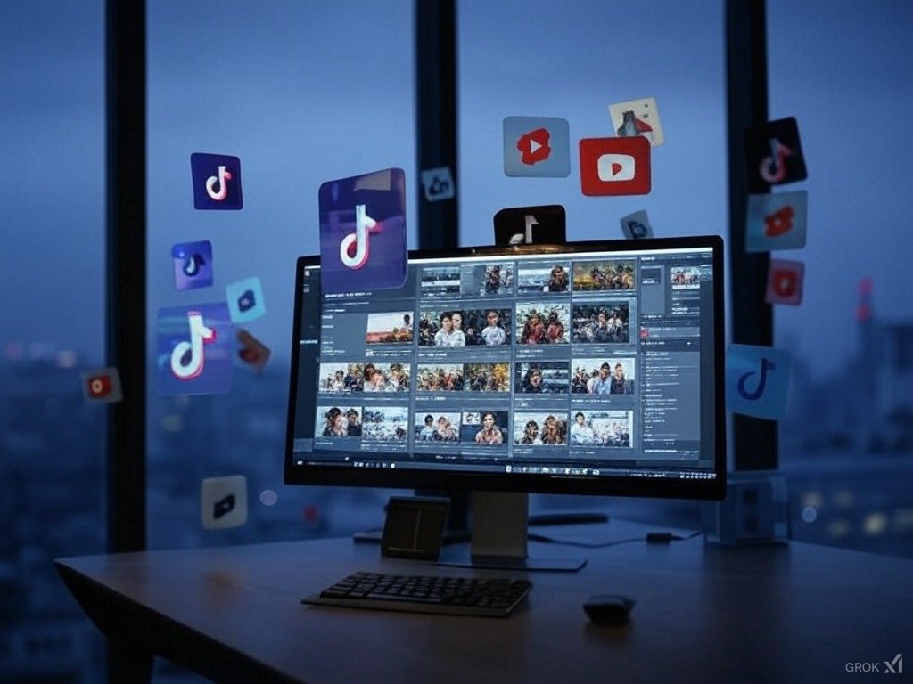 Ilustração de um computador gerando vídeos automáticos para TikTok e YouTube Shorts usando IA.