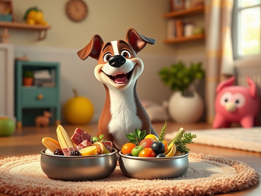 Cão feliz com tigela de comida natural fresca e saudável.