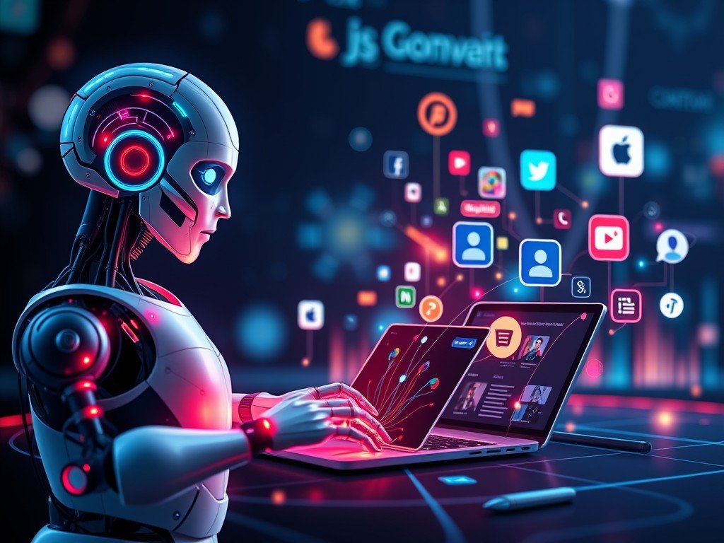 Robô criando conteúdo digital com gráficos e ferramentas de marketing ao fundo, representando a IA generativa.