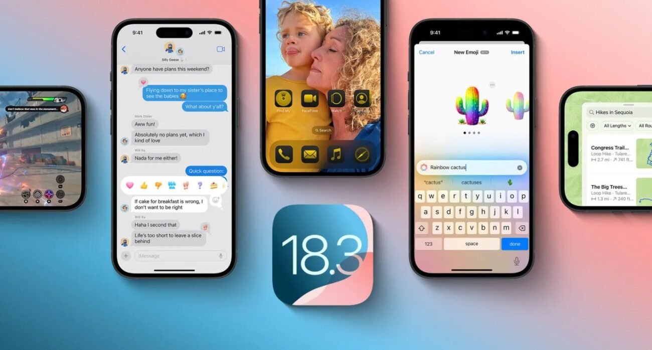 iPhone com iOS 18.3 mostrando recursos como Apple Intelligence, reconhecimento de plantas e animais, e Genmoji nas mensagens.