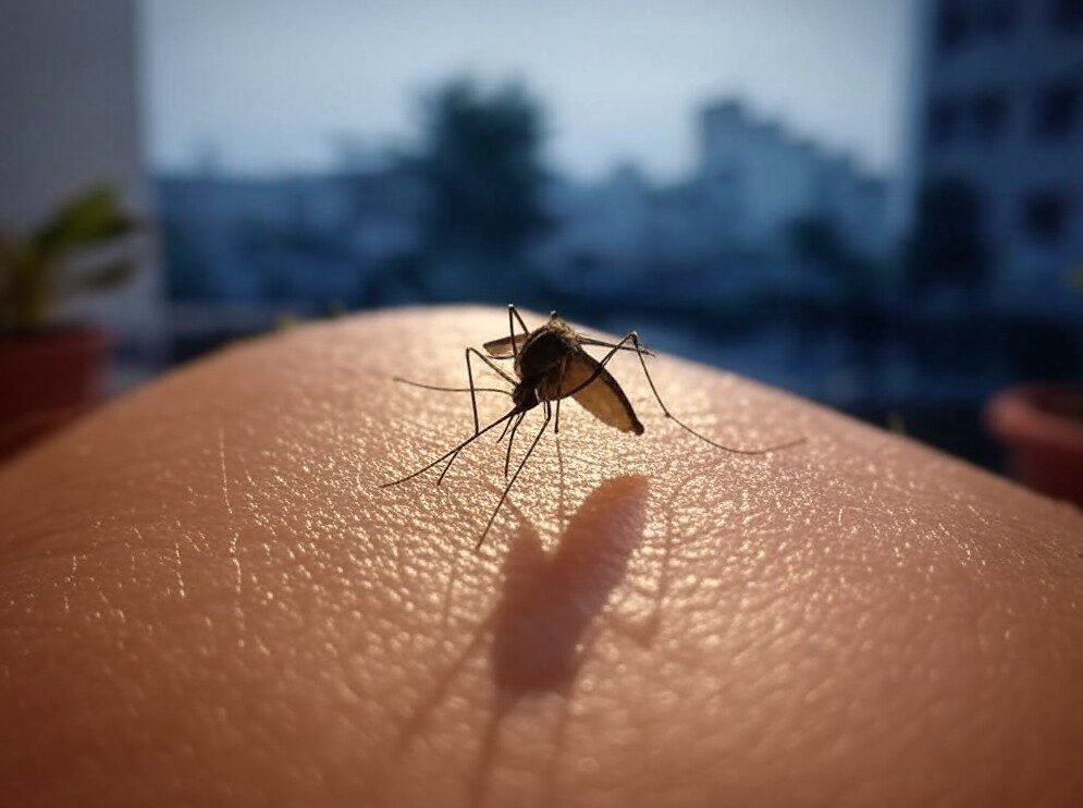 Mosquito Aedes aegypti transmissor da dengue pousado na pele humana, pronto para picar.