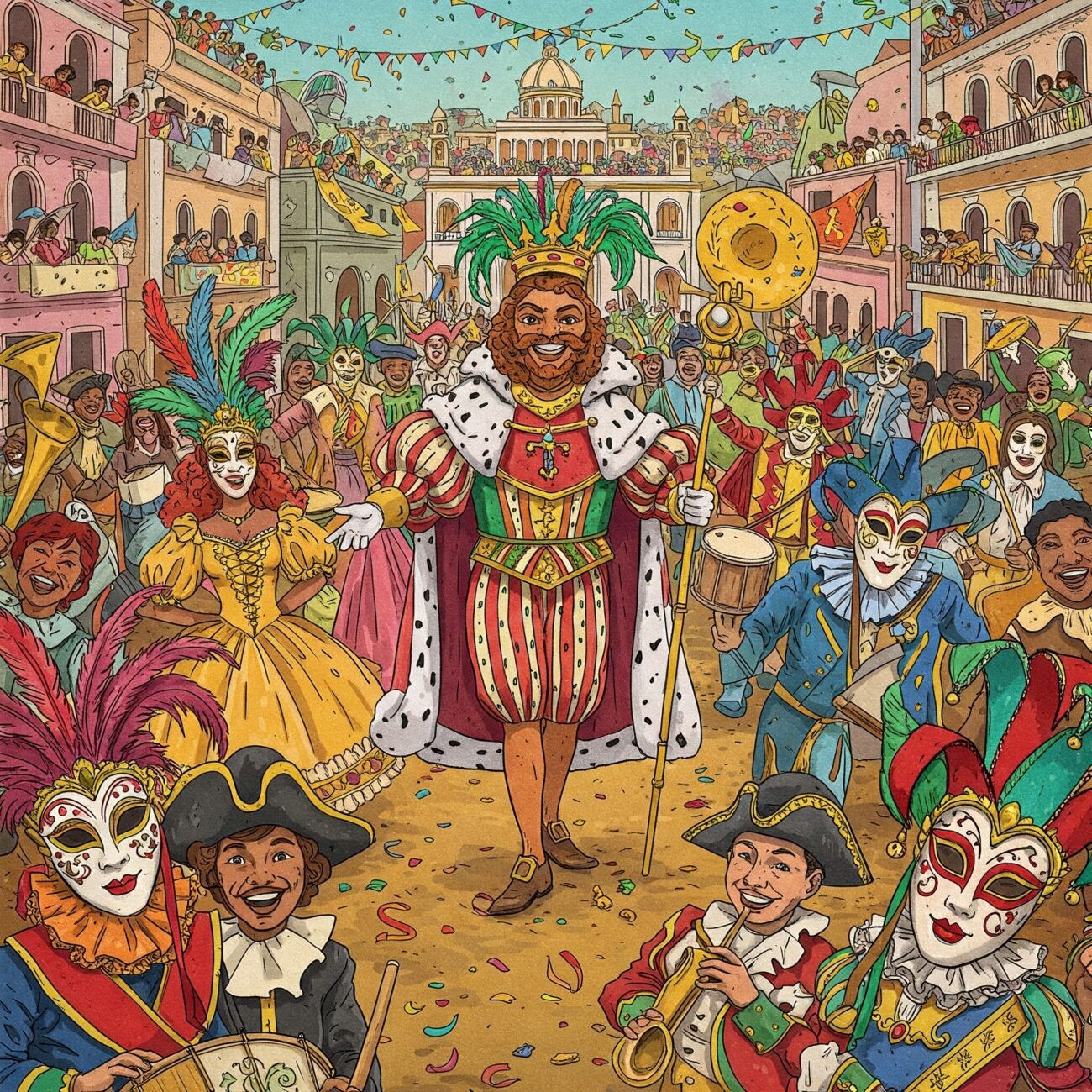 Imagem ilustrativa representando diversas curiosidades sobre o Carnaval, incluindo o Rei Momo, o Galo da Madrugada e máscaras venezianas.