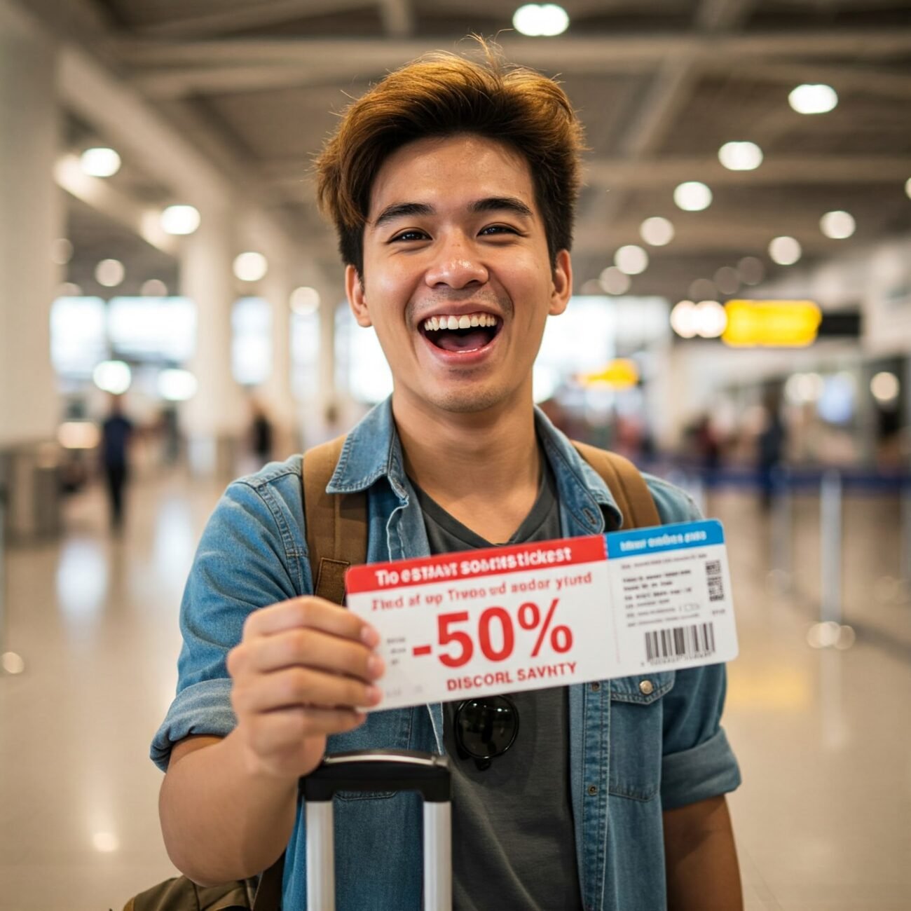 viajante feliz segurando uma passagem aérea com um grande desconto, representando economia em viagens