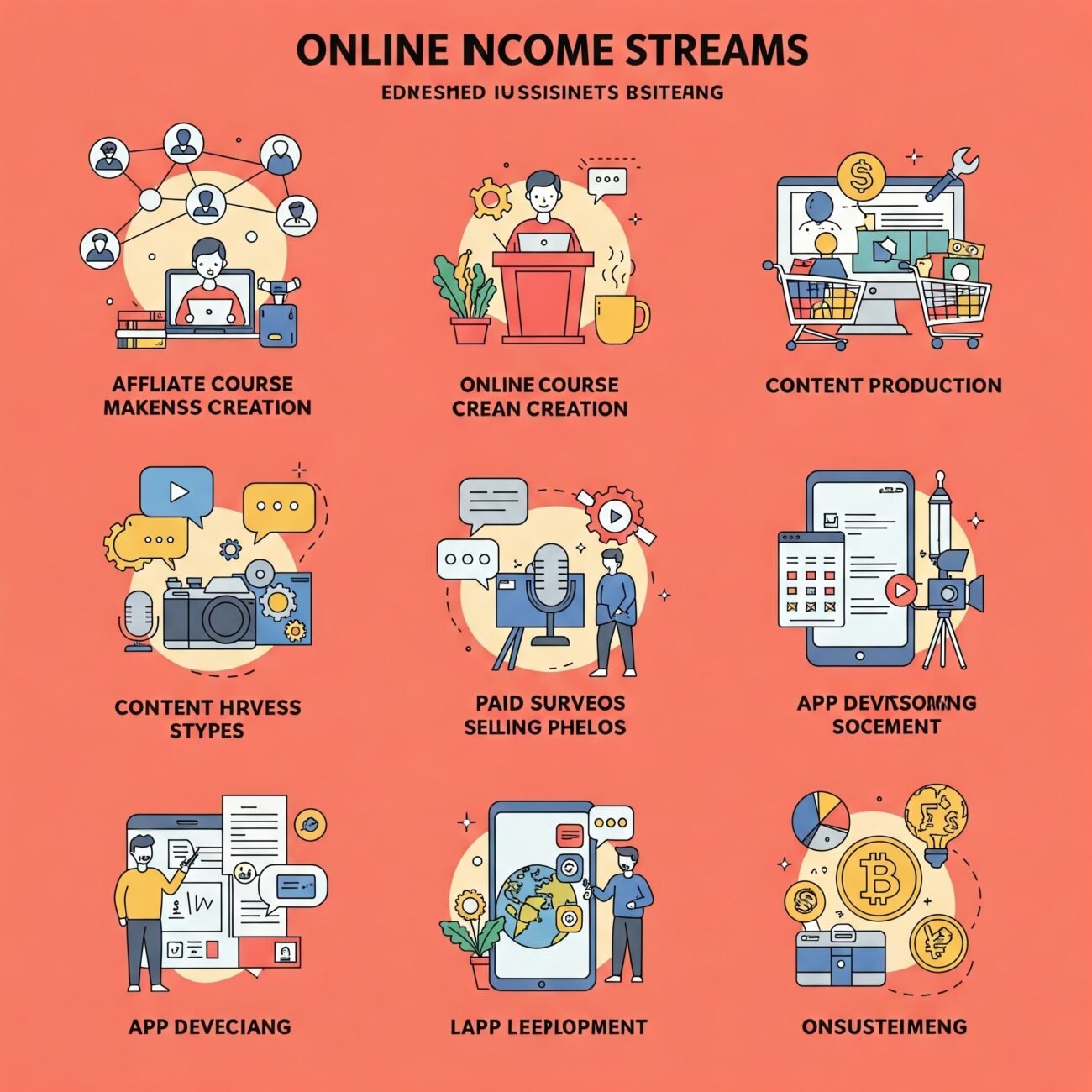 Ilustração representando 10 maneiras de ganhar dinheiro na internet, incluindo marketing