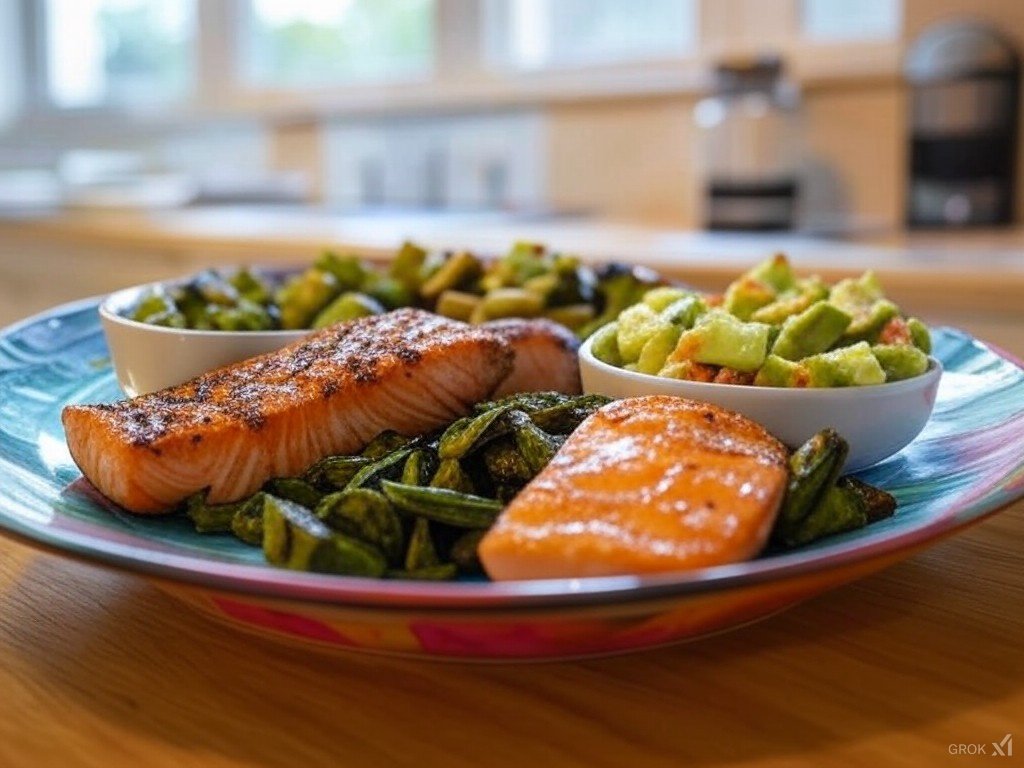 prato colorido e saudável composto por alimentos típicos da dieta low carb