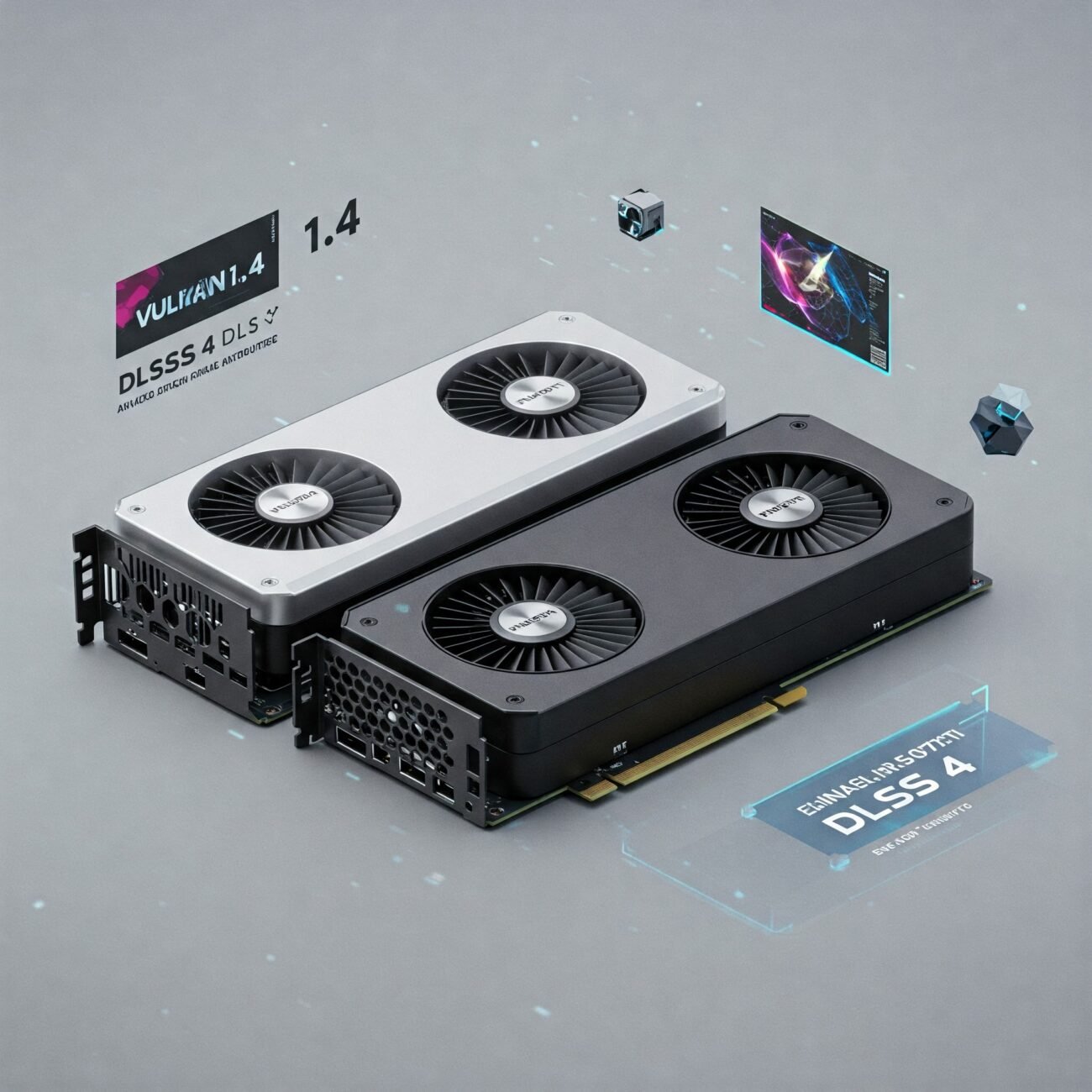 Imagem das GPUs NVIDIA RTX 5070Ti e 5070 destacando sua compatibilidade com a API Vulkan 1.4 e a tecnologia DLSS 4.