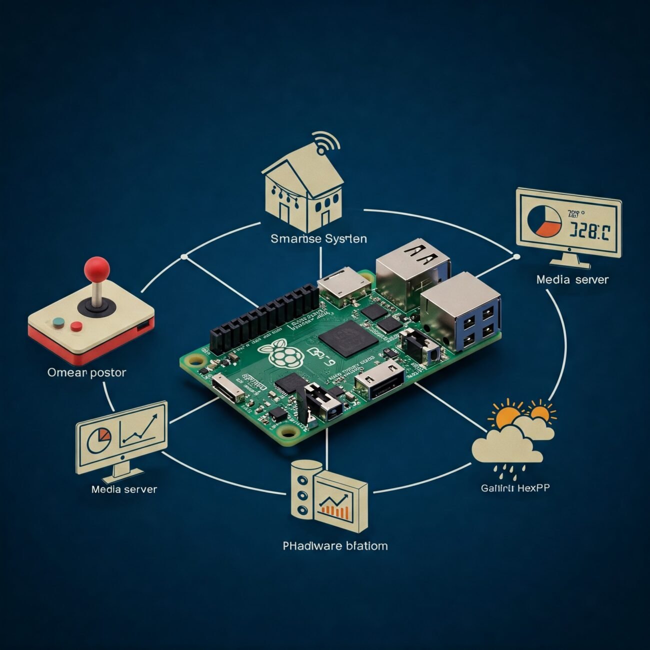 Imagem ilustrando cinco projetos que podem ser realizados com o Raspberry Pi: console de jogos retrô, servidor de mídia doméstico, automação residencial, monitor de hardware em tempo real e estação meteorológica caseira.