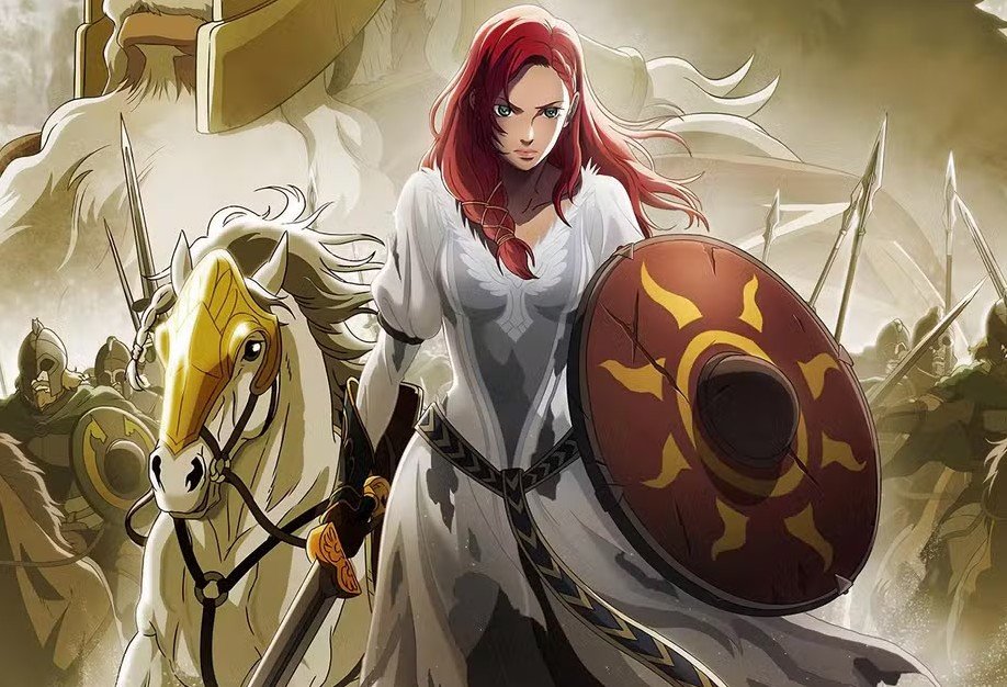 Ilustração de Helm Mão-de-Martelo e Héra em batalha na animação 'A Guerra dos Rohirrim'.